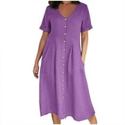 Casual Summer Dress for Womens Cotton Linen Button Down Midi Dress with Pockets V neck Short Sleeve Plus Size (Large, Purple)
